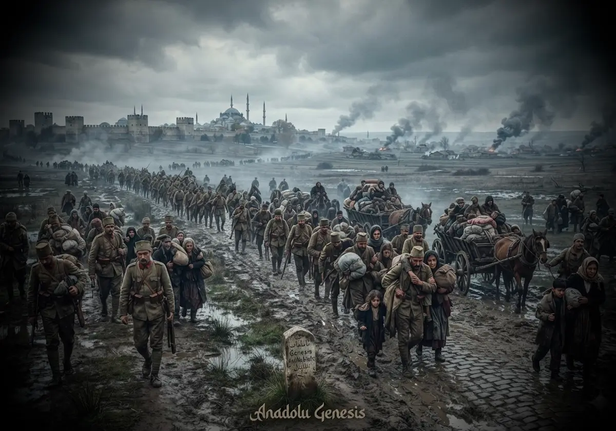Balkan Savaşları sırasında Rumeli'den çekilen Osmanlı birlikleri ve göç eden sivilleri tarihsel atmosferle betimleyen sahne.