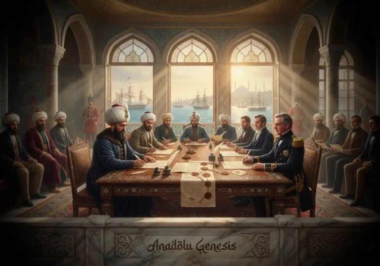 1838 Balta Limanı Antlaşması'nın Osmanlı ve İngiliz temsilcileri arasında Boğaz kıyısında imzalanışını gösteren tarihî sahne.
