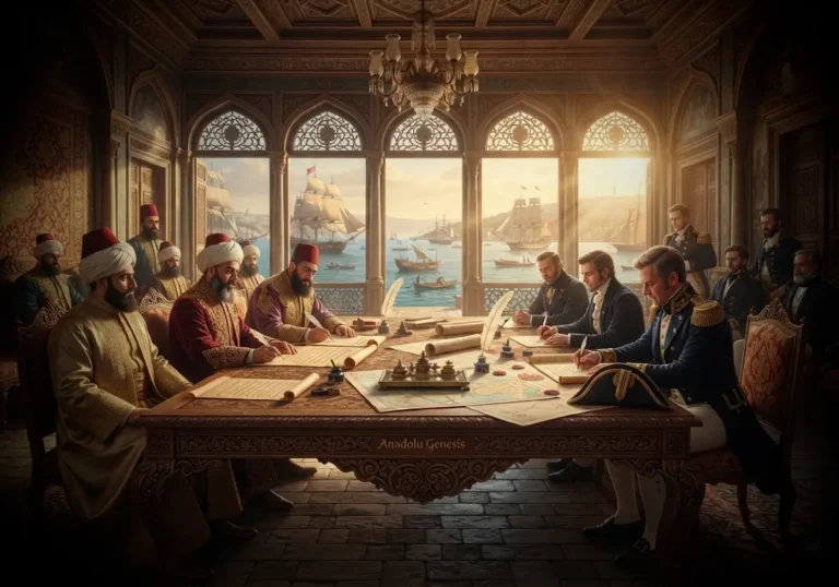 1838 Balta Limanı Antlaşması'nın imzalanışını ve Osmanlı ile İngiltere arasındaki ticari müzakereleri betimleyen tarihî sahne.