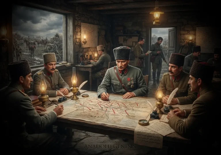 1921 yılında Başkomutanlık Karargâhı'nda haritalar üzerinde çalışan Mustafa Kemal Paşa ve komutanlarını gösteren tarihsel sahne.