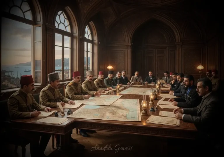 1918 Batum Antlaşması görüşmelerini ve Osmanlı ile Güney Kafkasya devletleri arasındaki diplomatik müzakereleri tasvir eden tarihî sahne.