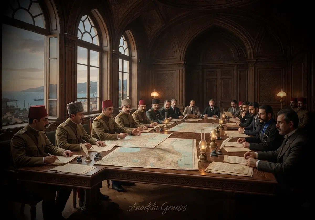 1918 Batum Antlaşması görüşmelerini ve Osmanlı ile Güney Kafkasya devletleri arasındaki diplomatik müzakereleri tasvir eden tarihî sahne.