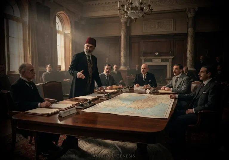 Bekir Sami Kunduh'un 1921 Londra Konferansı sırasında Ankara Hükûmeti'ni temsil ettiği diplomatik görüşmeleri tasvir eden tarihî sahne.