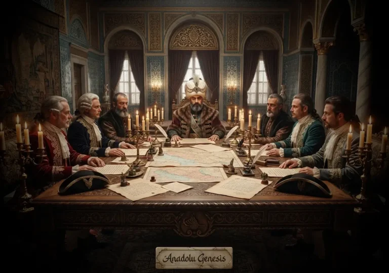 1739 Belgrad Antlaşması görüşmelerini tasvir eden, Osmanlı ve Avusturya heyetlerini tarihsel atmosfer içinde gösteren sinematik sahne.