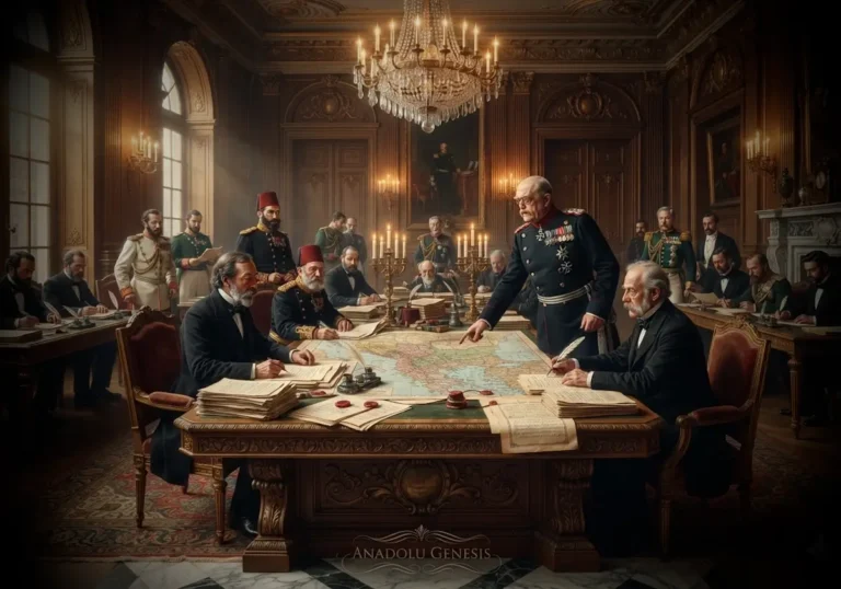 1878 Berlin Antlaşması görüşmelerini ve Balkan düzeninin yeniden şekillenişini gösteren tarihî diplomasi sahnesi.