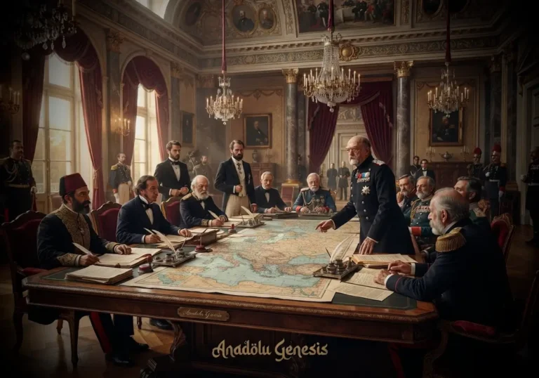 1878 Berlin Antlaşması görüşmelerini temsil eden tarihî kongre salonunda Avrupa devletleri ve Osmanlı delegelerinin diplomatik müzakeresi.