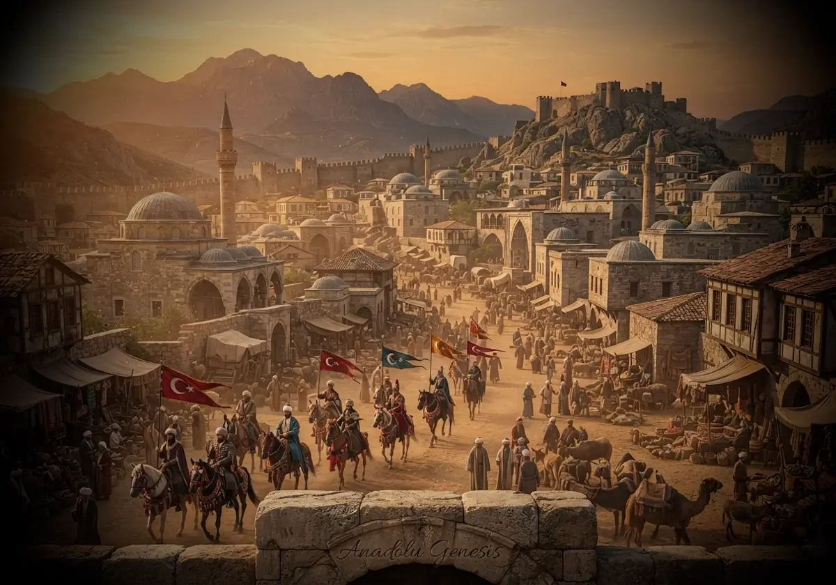 14. yüzyıl Anadolu Beylikleri Dönemi'nde gelişen tarihî bir Türk şehri, mimari eserleri, çarşıları ve kültürel canlılığı gösteren sahne.