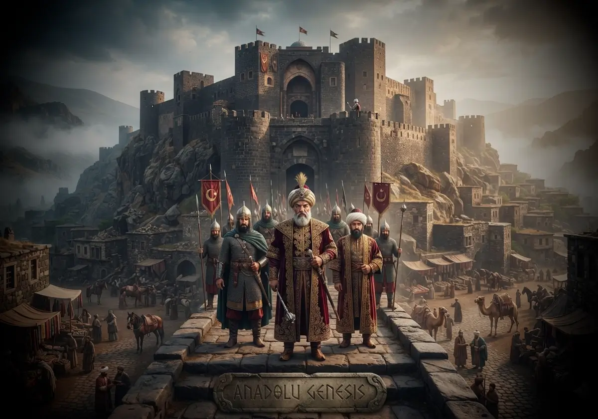 Bitlis Kalesi önünde tasvir edilen Bitlis Şahları ve Orta Çağ Doğu Anadolu şehir dokusunu gösteren tarihsel canlandırma.
