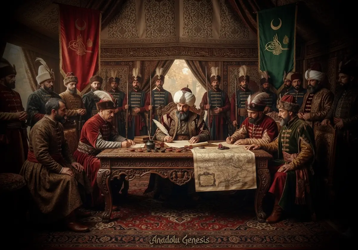 1672 Bucaş Antlaşması'nın imzalanmasını gösteren tarihî sahnede Osmanlı ve Lehistan temsilcileri diplomatik görüşme gerçekleştiriyor.