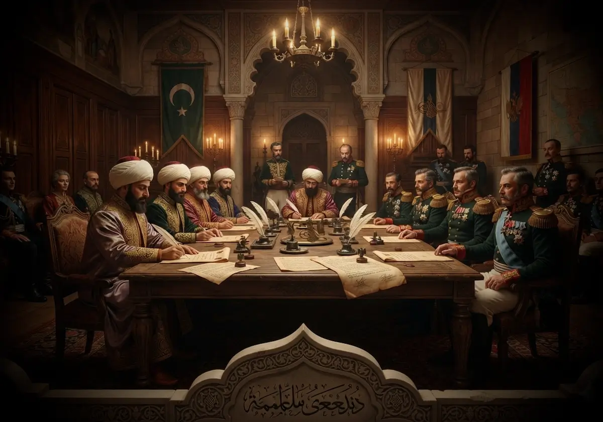 1812 Bükreş Antlaşması'nın Osmanlı ve Rus heyetleri arasında imzalanmasını tasvir eden tarihî diplomasi sahnesi.