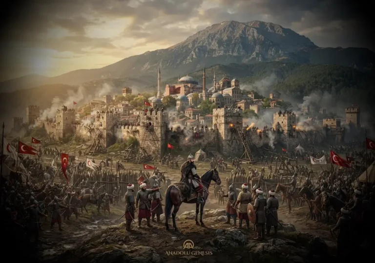 1326 Bursa Kuşatması sırasında Osmanlı kuvvetlerinin Uludağ eteklerindeki surlarla çevrili Bursa'yı kuşatmasını gösteren tarihsel sahne.