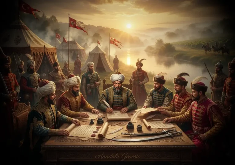 1617 Busza Antlaşması'nın Osmanlı ve Lehistan temsilcileri arasında imzalanmasını tasvir eden tarihsel diplomasi sahnesi.