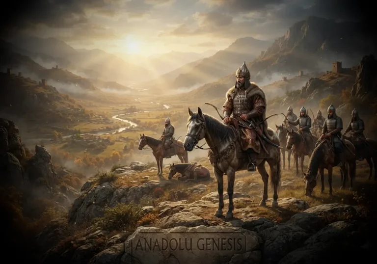 Çağrı Bey'in Anadolu'daki keşif seferini tasvir eden, Selçuklu süvarilerinin Doğu Anadolu dağlarını gözlemlediği tarihî ve gerçekçi sahne.