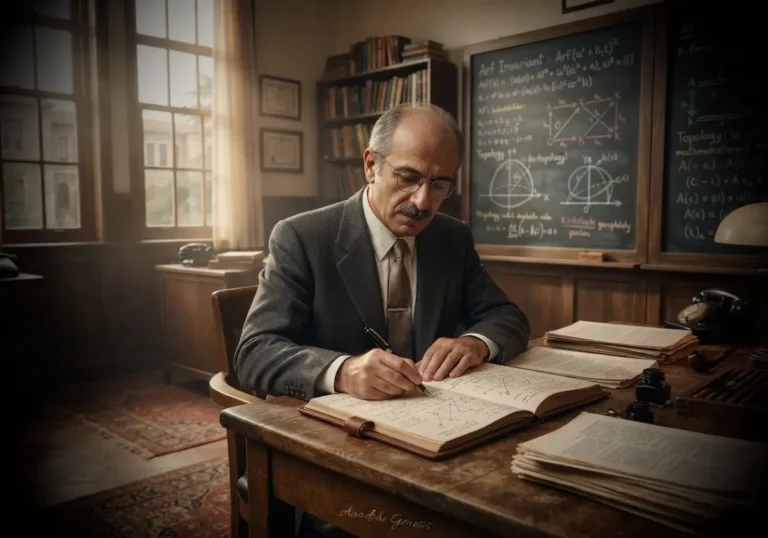 Cahit Arf'ın tarihî akademik çalışma ortamında matematiksel denklemler eşliğinde tasvir edildiği gerçekçi portre görseli.