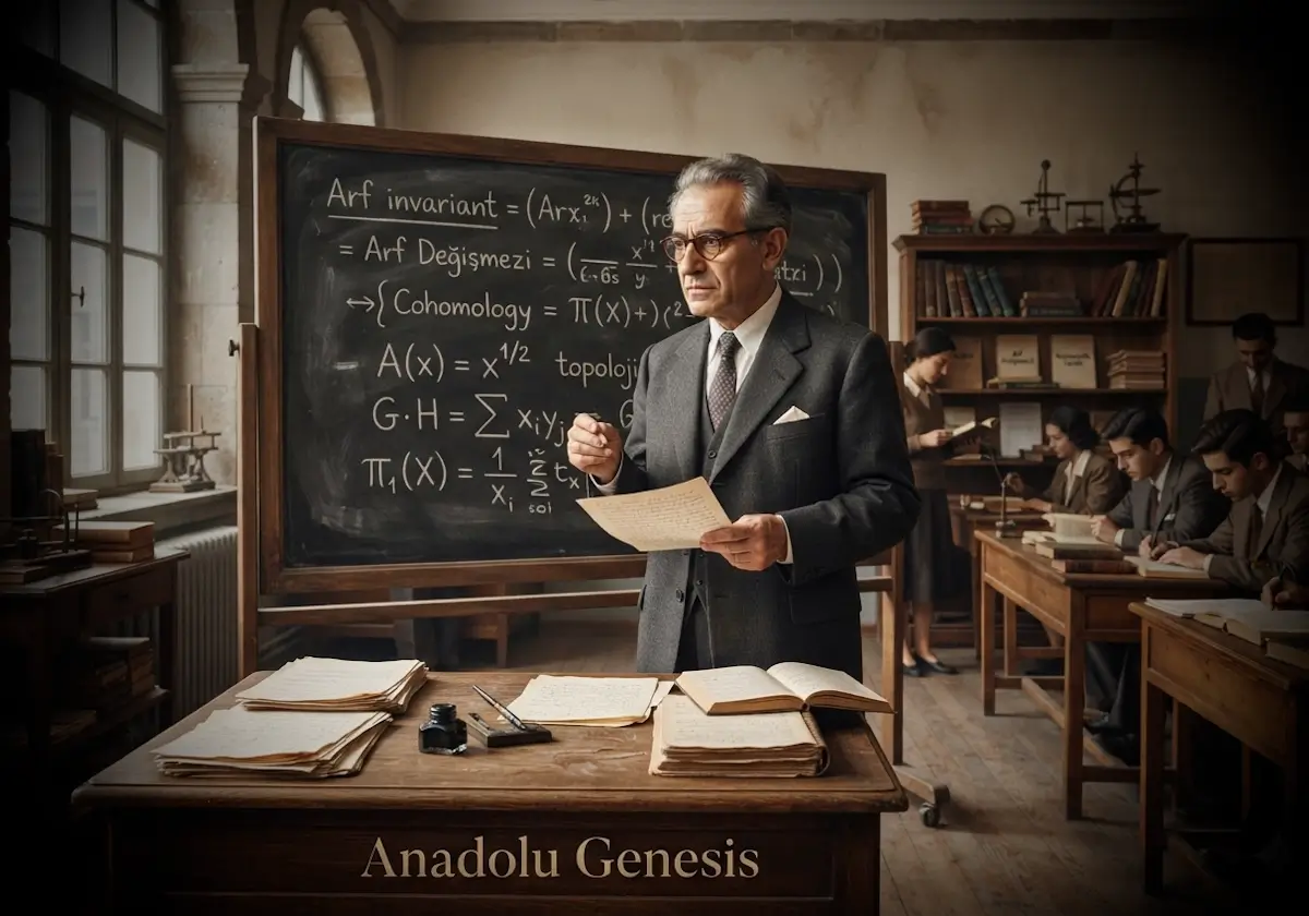 Cahit Arf'ın matematik çalışmalarını ve modern Türk bilimine katkılarını yansıtan tarihî akademik portresi.