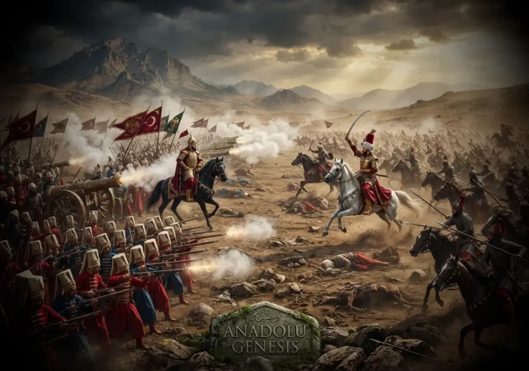 1514 Çaldıran Savaşı'nda Osmanlı topçusu ile Safevi süvarilerinin Doğu Anadolu ovasındaki tarihî karşılaşmasını gösteren sahne.