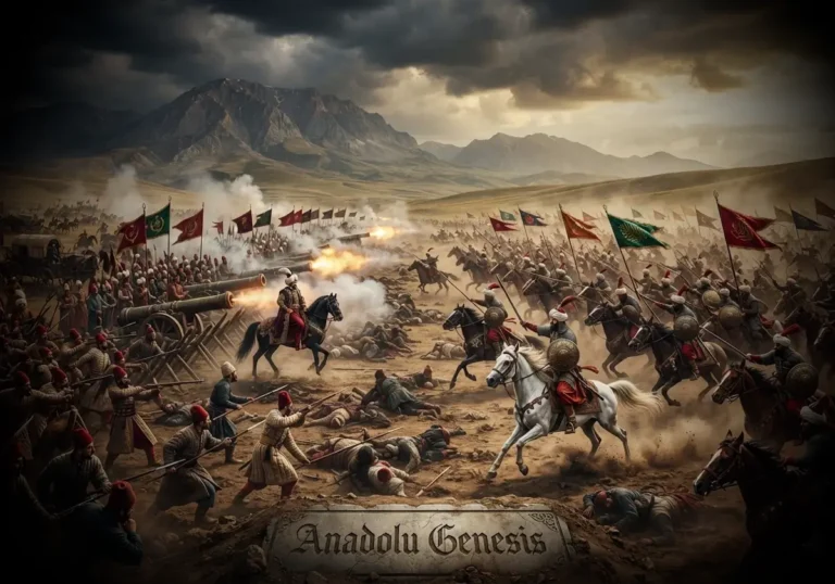 1514 Çaldıran Savaşı'nda Osmanlı ve Safevi ordularının Doğu Anadolu'da karşı karşıya gelişini gösteren tarihî sahne.