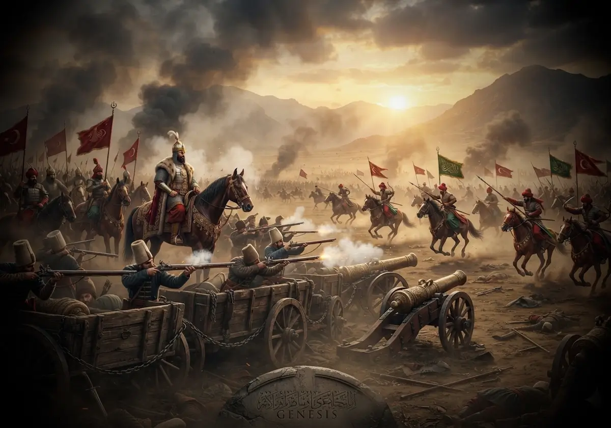 1514 Çaldıran Savaşı'nda Osmanlı topçusu ile Safevi süvarilerinin karşı karşıya geldiği tarihî meydan muharebesini gösteren gerçekçi sahne.