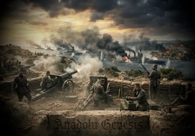 1915 Çanakkale Savaşı'nda Osmanlı topçu birliklerinin Boğaz'ı savunduğu, Gelibolu cephesini gösteren tarihî ve gerçekçi savaş sahnesi.