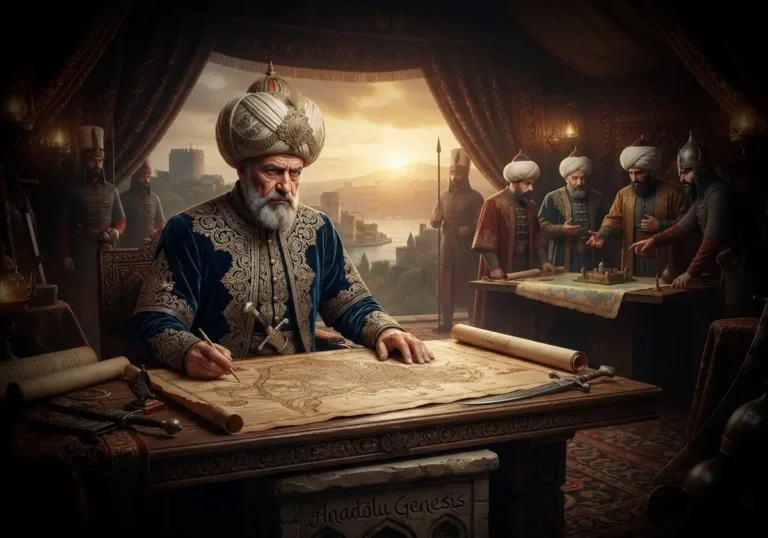 Çandarlı Halil Paşa'nın 1453 İstanbul Kuşatması öncesinde Osmanlı karargâhında strateji planlarken tasvir edildiği tarihî sahne.