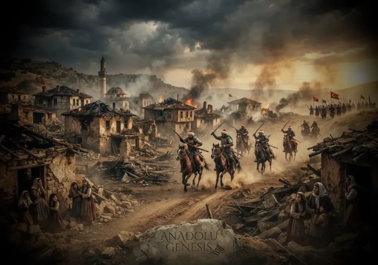 1590–1610 Celali İsyanları sırasında Anadolu'da yaşanan toplumsal kaosu, terk edilen köyleri ve Osmanlı-Celali çatışmalarını gösteren tarihsel sahne.