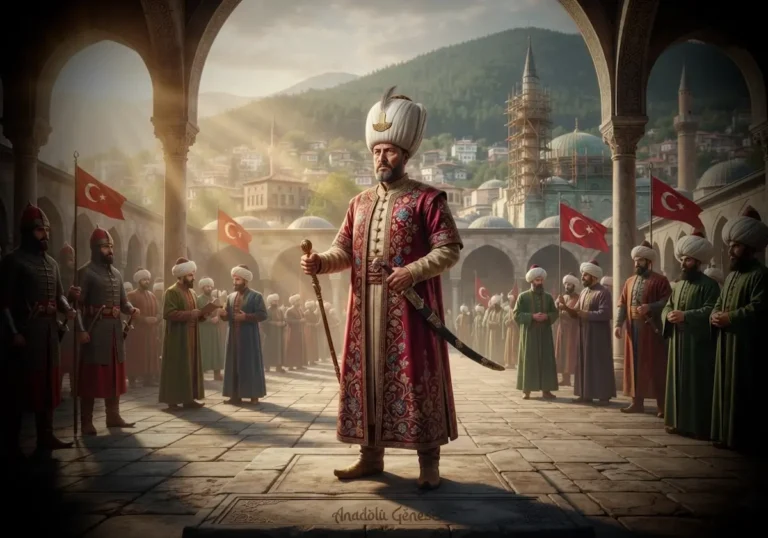 Çelebi Mehmed'in Fetret Devri sonrasında Osmanlı Devleti'ni yeniden birleştirmesini simgeleyen tarihî Bursa sahnesi ve erken Osmanlı yönetimi.