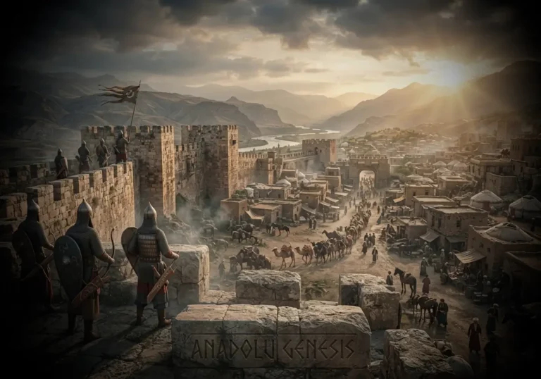 Çubukoğulları Beyliği döneminde Harput Kalesi ve çevresindeki Türk yerleşimini gösteren tarihsel canlandırma.