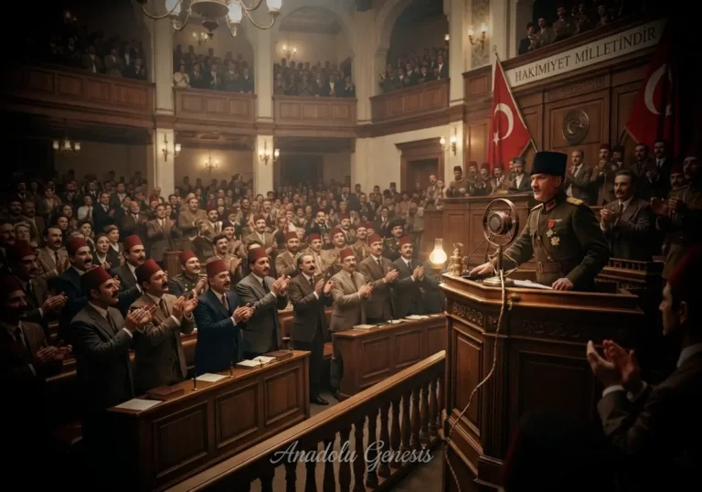29 Ekim 1923'te TBMM'de Cumhuriyet'in ilanını temsil eden tarihî oturumun gerçekçi ve dönem atmosferine uygun tasviri.