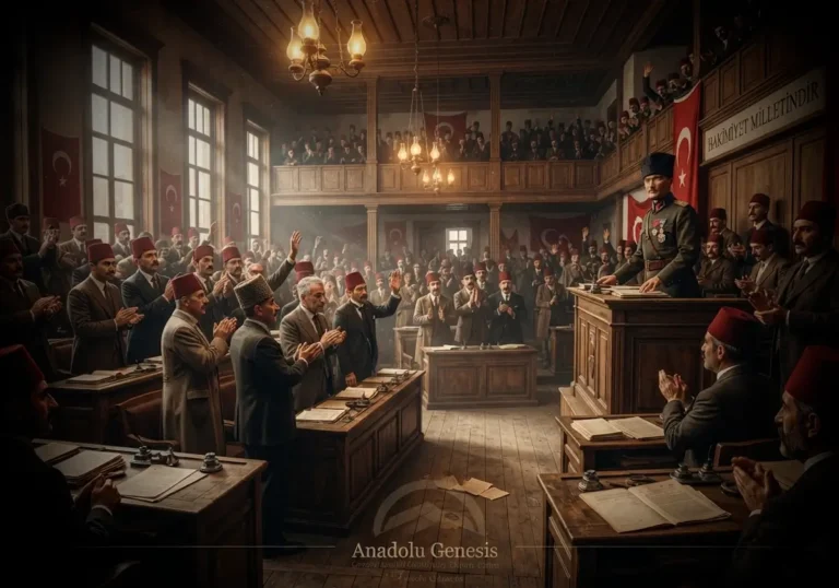 29 Ekim 1923'te TBMM'de Cumhuriyet'in ilanını betimleyen tarihsel sahne ve yeni devletin kuruluş atmosferini yansıtan görsel.