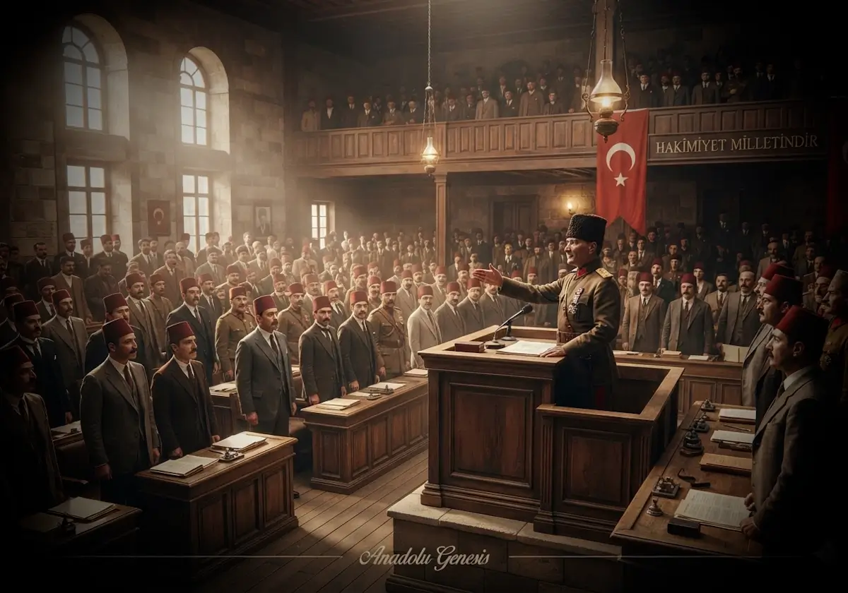 29 Ekim 1923'te TBMM'de Cumhuriyet'in ilanını gösteren tarihî canlandırma; Meclis kürsüsünde konuşma ve dönemin atmosferi.