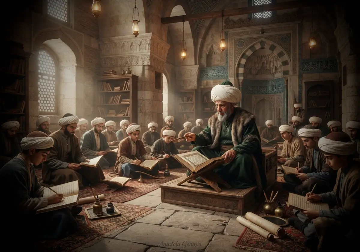 İznik Medresesi'nde ders veren Davud-i Kayseri'yi ve erken Osmanlı ilim geleneğini tarihsel atmosfer içinde tasvir eden görsel.