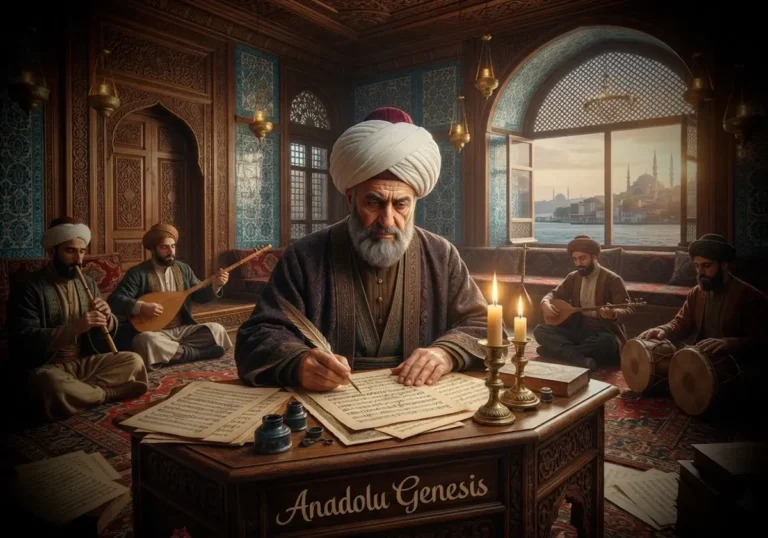 19.yüzyıl İstanbul'unda eserini besteleyen Dede Efendi ve Osmanlı musikisi topluluğunu tasvir eden tarihî, gerçekçi sahne.