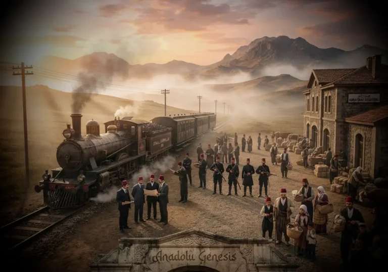 19.yüzyıl sonlarında Anadolu'da ilerleyen Osmanlı buharlı treni, istasyon ve yolcularla birlikte demiryollarının modernleşmedeki rolünü gösteren tarihî sahne.