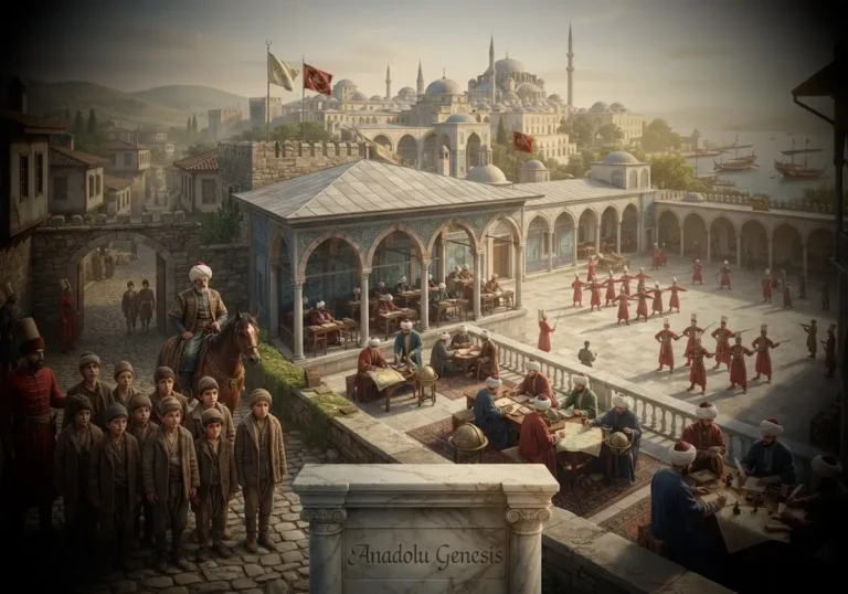 Osmanlı Devşirme Sistemi kapsamında Enderun Mektebi ve Yeniçeri Ocağı'nın eğitim düzenini betimleyen tarihsel sahne.