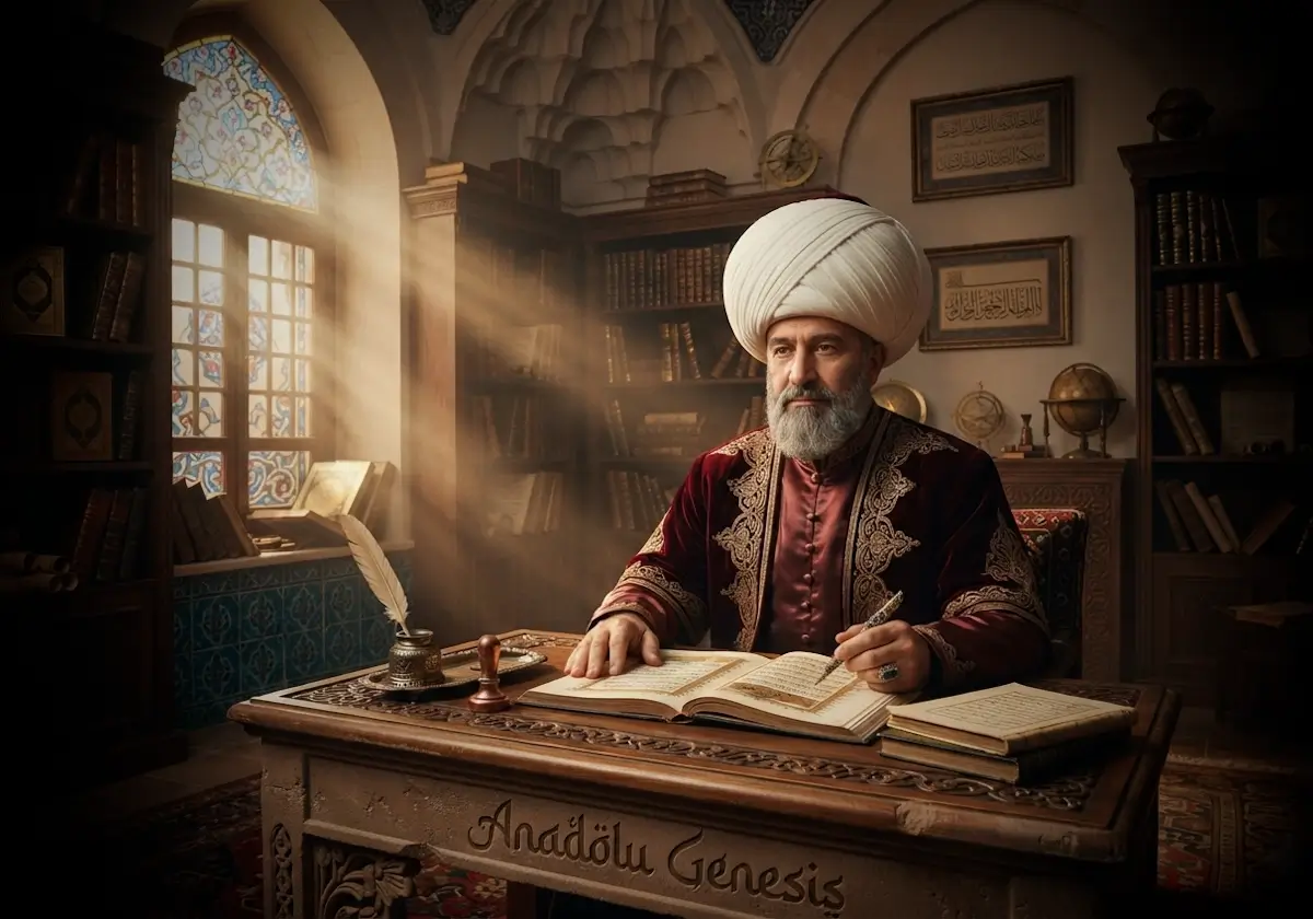 16. yüzyıl Osmanlı hukukçusu Ebussuud Efendi'nin el yazmalarıyla çevrili tarihî kütüphanede betimlenen gerçekçi portresi.