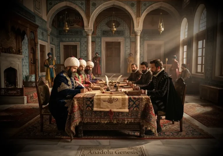 1568 Edirne Antlaşması'nın Osmanlı ve Habsburg elçileri arasında imzalanışını betimleyen tarihî diplomasi sahnesi.