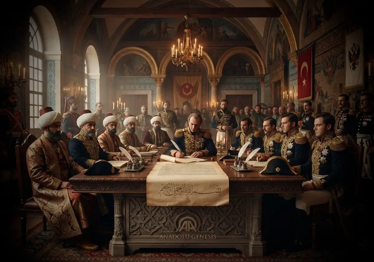 1829 Edirne Antlaşması'nın Osmanlı ve Rus devlet adamları arasında imzalanmasını tasvir eden tarihî ve gerçekçi diplomatik sahne.