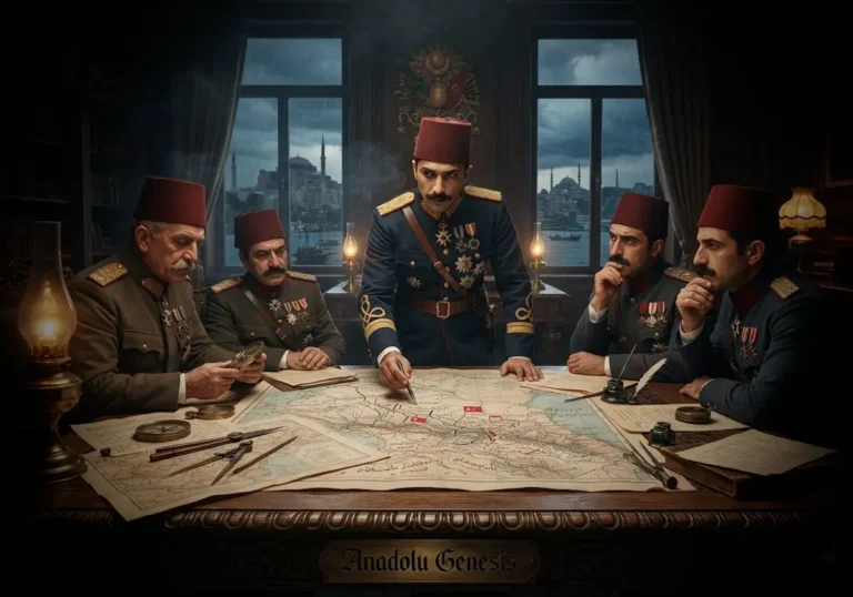 Enver Paşa'nın 1914 yılında Osmanlı'nın savaş kararını değerlendirdiği tarihî atmosferi yansıtan gerçekçi tasvir.