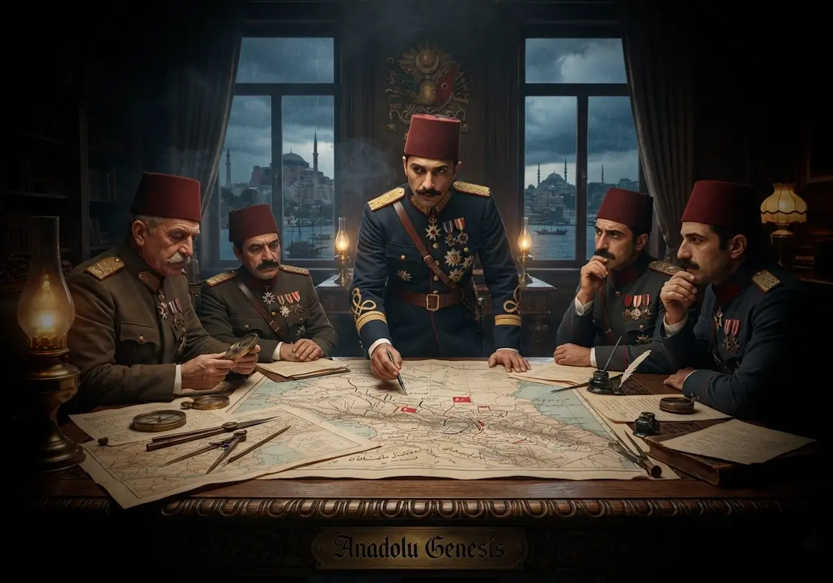 Enver Paşa'nın 1914 yılında Osmanlı'nın savaş kararını değerlendirdiği tarihî atmosferi yansıtan gerçekçi tasvir.