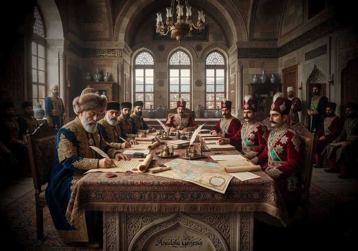 1823 Erzurum Antlaşması görüşmelerini tasvir eden, Osmanlı ve Kaçar İranı elçilerinin doğu sınırını müzakere ettiği tarihî diplomatik sahne.
