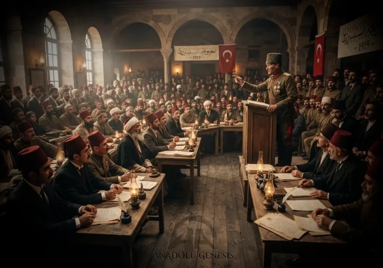 Erzurum Kongresi'nde delegelerin tarihi kararları görüştüğü 1919 tarihli toplantıyı gerçekçi atmosferle betimleyen tarihsel sahne.