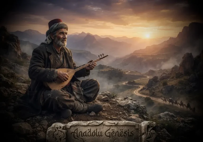 Erzurumlu Emrah'ın bağlamasıyla Doğu Anadolu dağları önünde tasvir edildiği tarihsel atmosferi yansıtan gerçekçi görsel.