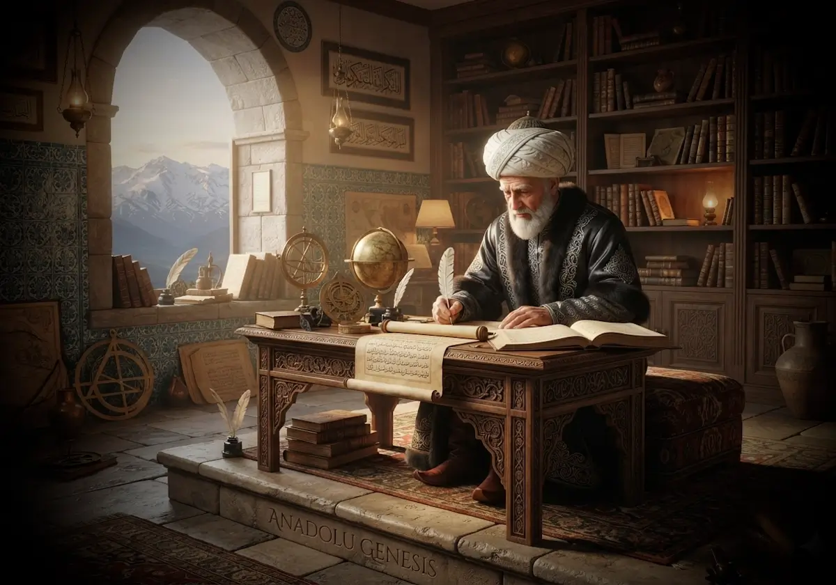 Erzurumlu İbrahim Hakkı'nın 18. yüzyıl Osmanlı çalışma odasında Marifetname'yi kaleme alışını betimleyen tarihî ve gerçekçi sahne.