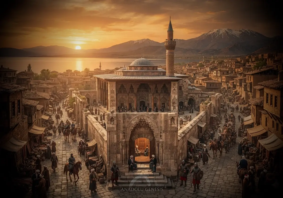 Beyşehir'deki Eşrefoğlu Camii ve Eşrefoğulları Beyliği'nin 13. yüzyıldaki şehir yaşamını yansıtan tarihsel canlandırma.