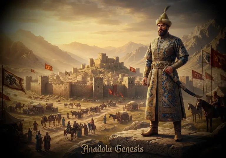 Fahreddin Behramşah'ın Erzincan'daki siyasi ve kültürel liderliğini tasvir eden tarihî ve gerçekçi Anadolu görseli.