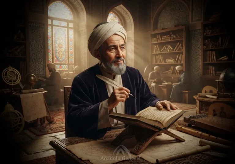 Farabi'yi Abbasi döneminin bilim atmosferinde el yazmaları ve bilimsel araçlarla gösteren tarihsel, SEO uyumlu illüstrasyon.