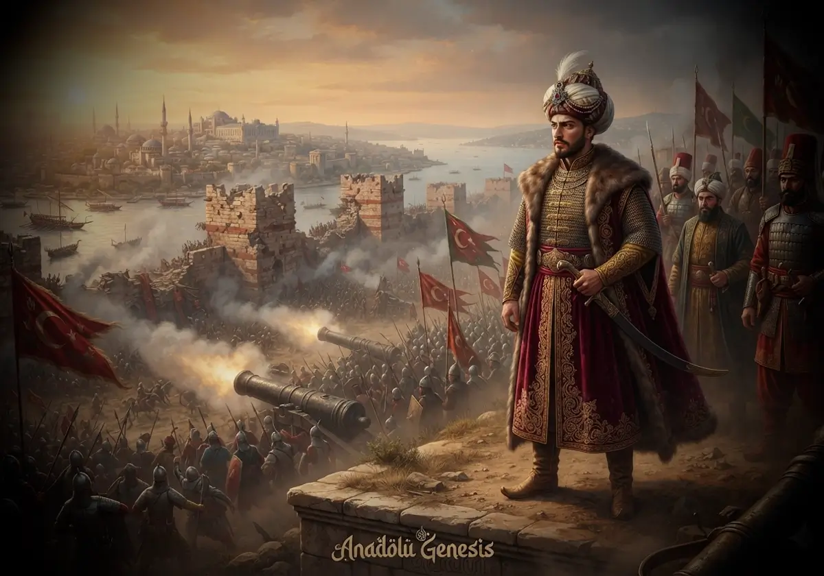 Fatih Sultan Mehmed'in 1453 İstanbul Kuşatması sırasında Osmanlı ordusunu yönettiği tarihî sahnenin sinematik tasviri.
