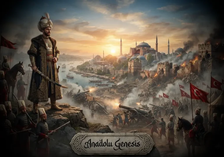 Fatih Sultan Mehmed'in 1453 İstanbul Kuşatması sırasında Osmanlı ordusunu yönettiği, tarihî atmosferi yansıtan sinematik sahne.