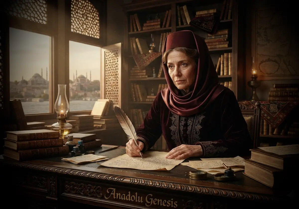 Fatma Aliye Hanım'ın Osmanlı dönemindeki çalışma odasında kitaplar arasında yazı yazarken tasvir edildiği tarihî ve gerçekçi sahne.