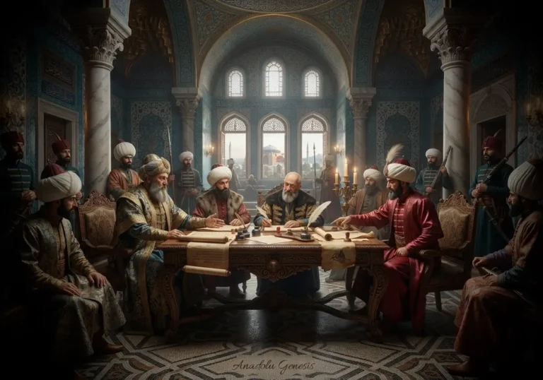 Ferhat Paşa Antlaşması'nın 1590 yılında Osmanlı ile Safevî temsilcileri arasında imzalanışını betimleyen tarihî diplomasi sahnesi.
